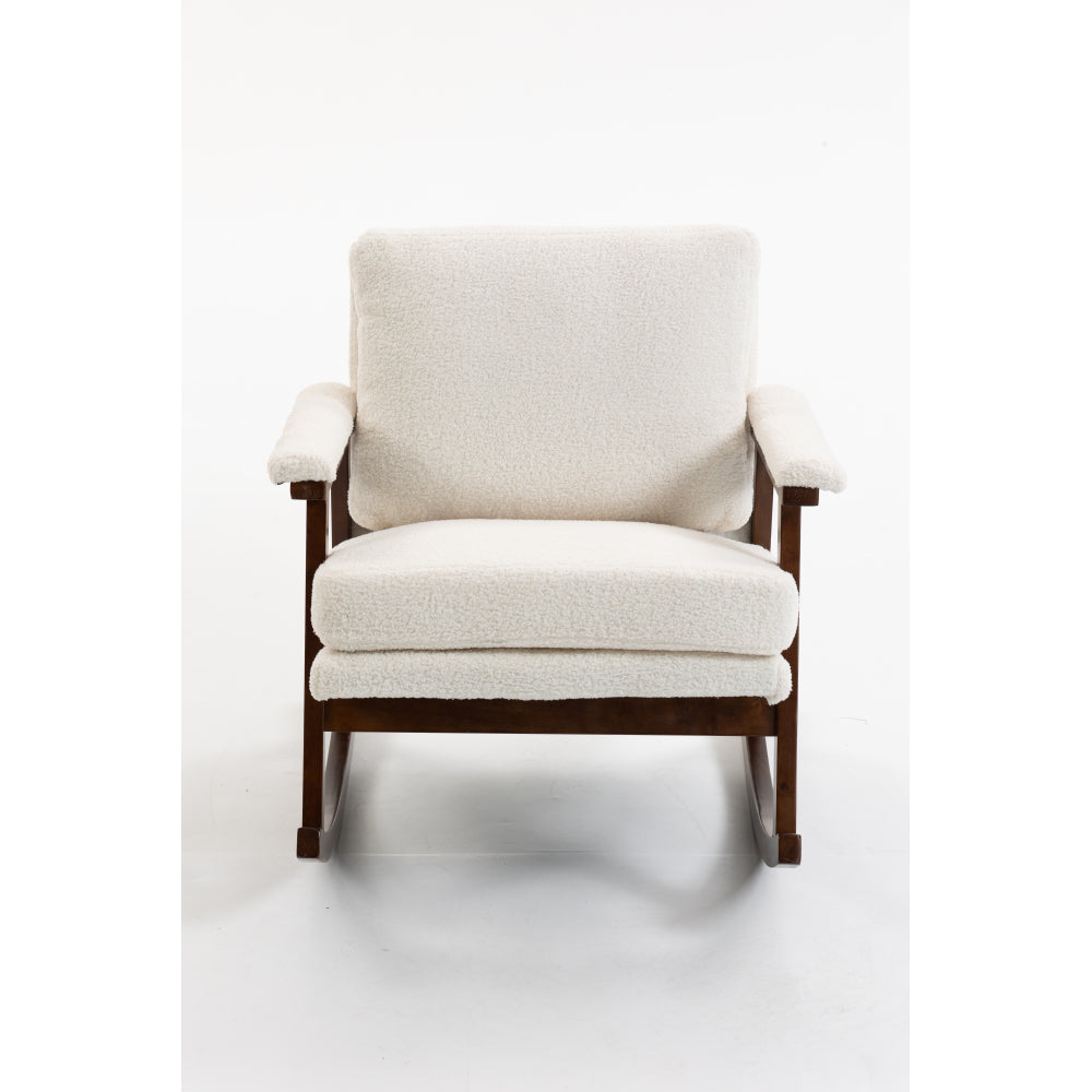 Mid Century Modern Accent Rocking Chair with Wood Frame, Upholstered Velvet Living Room Armchair, High Back Reading Chair for Bedroom, Sunroom & Nursery, Antique White