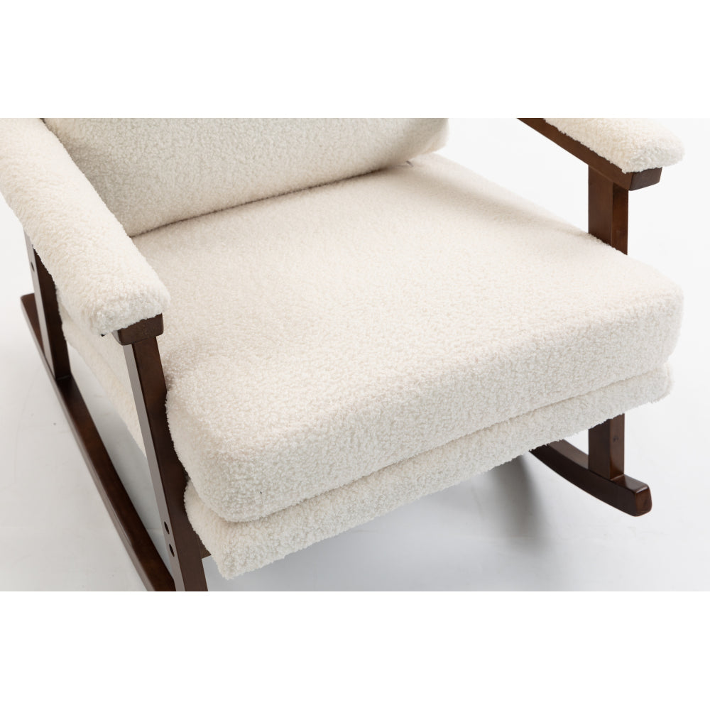 Mid Century Modern Accent Rocking Chair with Wood Frame, Upholstered Velvet Living Room Armchair, High Back Reading Chair for Bedroom, Sunroom & Nursery, Antique White