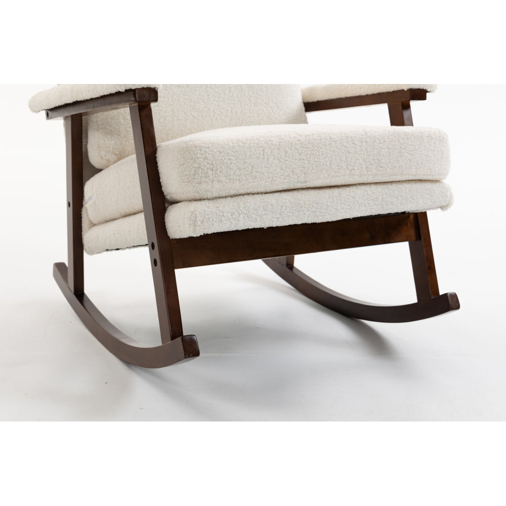 Mid Century Modern Accent Rocking Chair with Wood Frame, Upholstered Velvet Living Room Armchair, High Back Reading Chair for Bedroom, Sunroom & Nursery, Antique White
