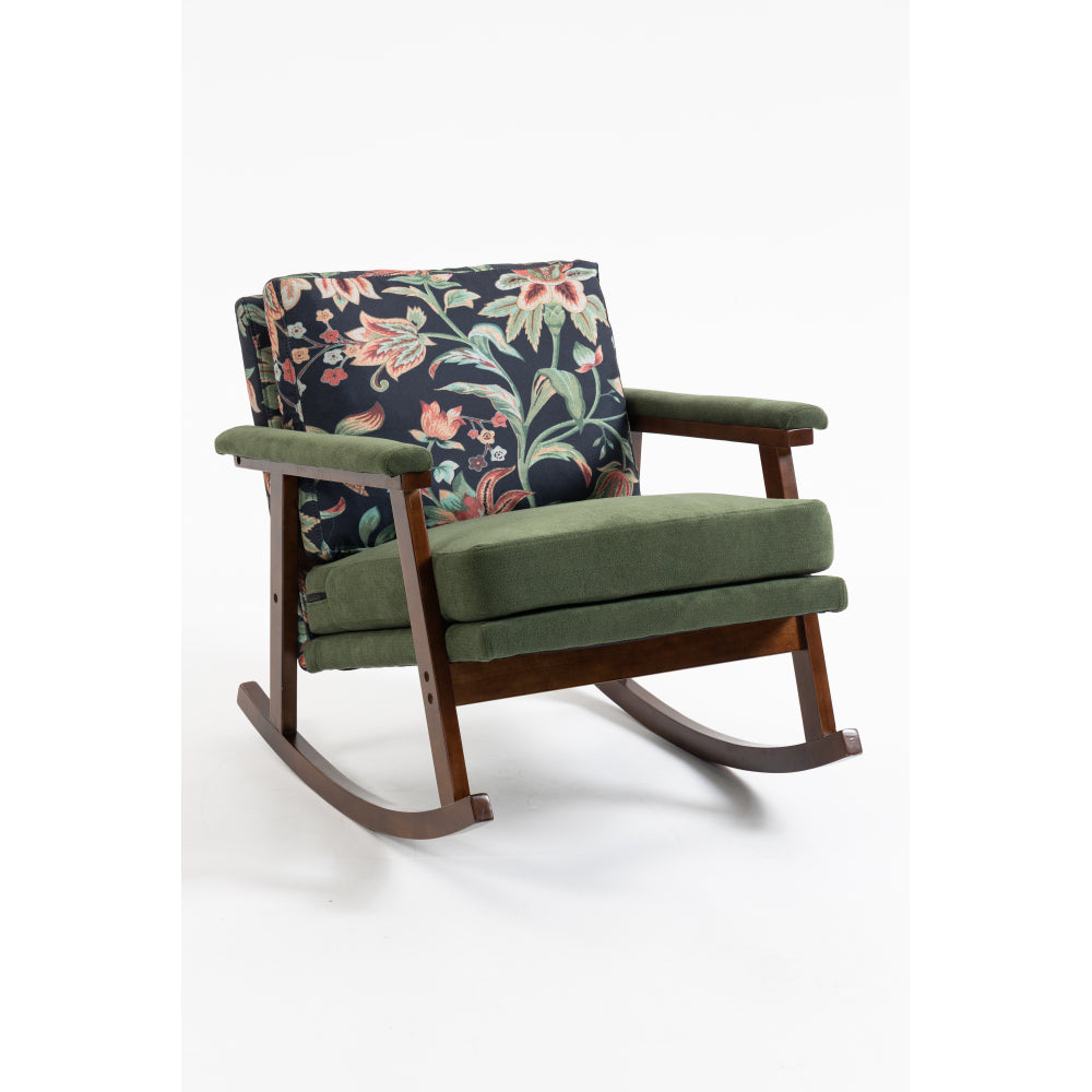 Mid Century Modern Rocking Chair, Upholstered Velvet Accent Armchair with Wood Frame & Lumbar Pillow, Comfy Reading Chair for Living Room, Bedroom, Sunroom, Antique Green