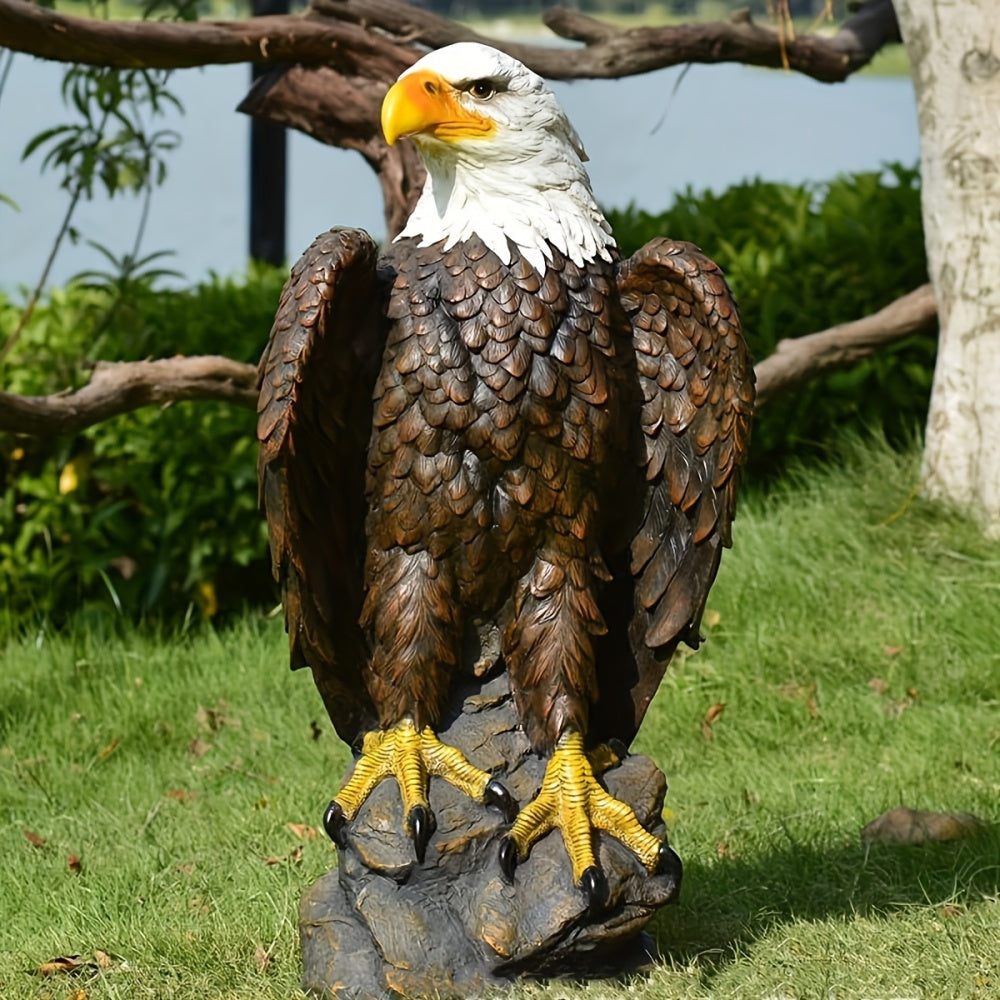 Pleasant Garden 13" H x 24.4" L Large Standing Bald Eagle Garden Statue, Hand-Painted American Eagle Sculpture, Weather-Resistant Resin for Indoor Outdoor Lawn Courtyard Decor, Patriotic Art Deco Ornament