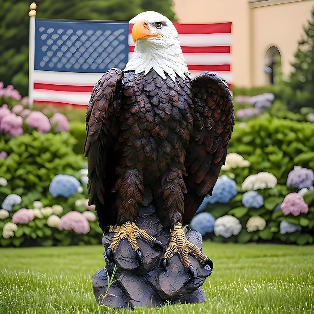 Pleasant Garden 13" H x 24.4" L Large Standing Bald Eagle Garden Statue, Hand-Painted American Eagle Sculpture, Weather-Resistant Resin for Indoor Outdoor Lawn Courtyard Decor, Patriotic Art Deco Ornament