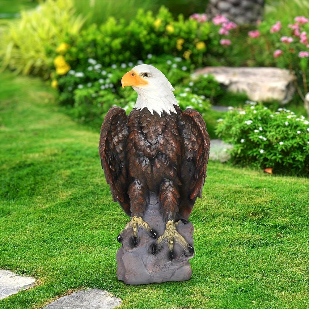 Pleasant Garden 13" H x 24.4" L Large Standing Bald Eagle Garden Statue, Hand-Painted American Eagle Sculpture, Weather-Resistant Resin for Indoor Outdoor Lawn Courtyard Decor, Patriotic Art Deco Ornament