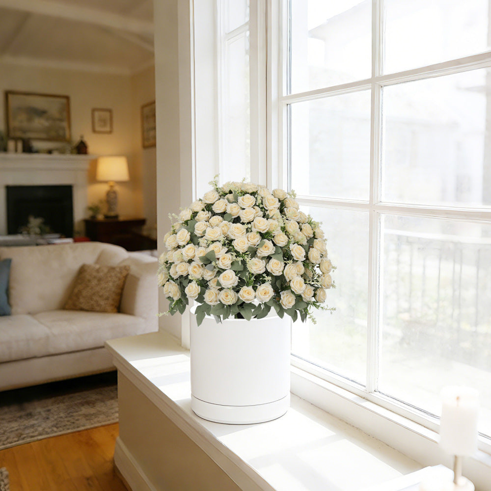 24-Inch Artificial Rose Decoration, UV Resistant Lifelike Faux Floral Plant, Set of 2 Pots, White & Green, Plastic Material, Suitable for Indoor & Outdoor Decor, Pre-Assembled with Concrete Pot