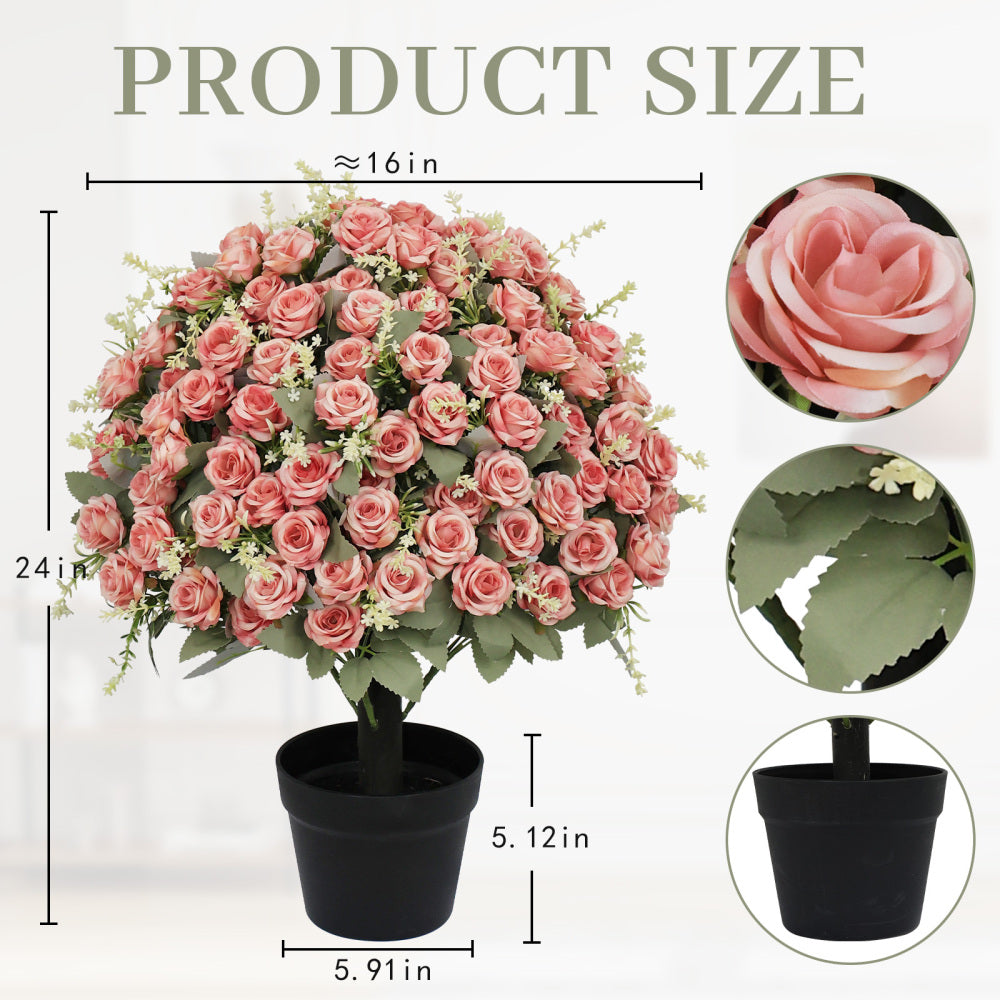 24-Inch Artificial Rose Decoration, UV Resistant Lifelike Faux Floral Plant for Indoor & Outdoor Decor, 2 Pots per Set (Pink)