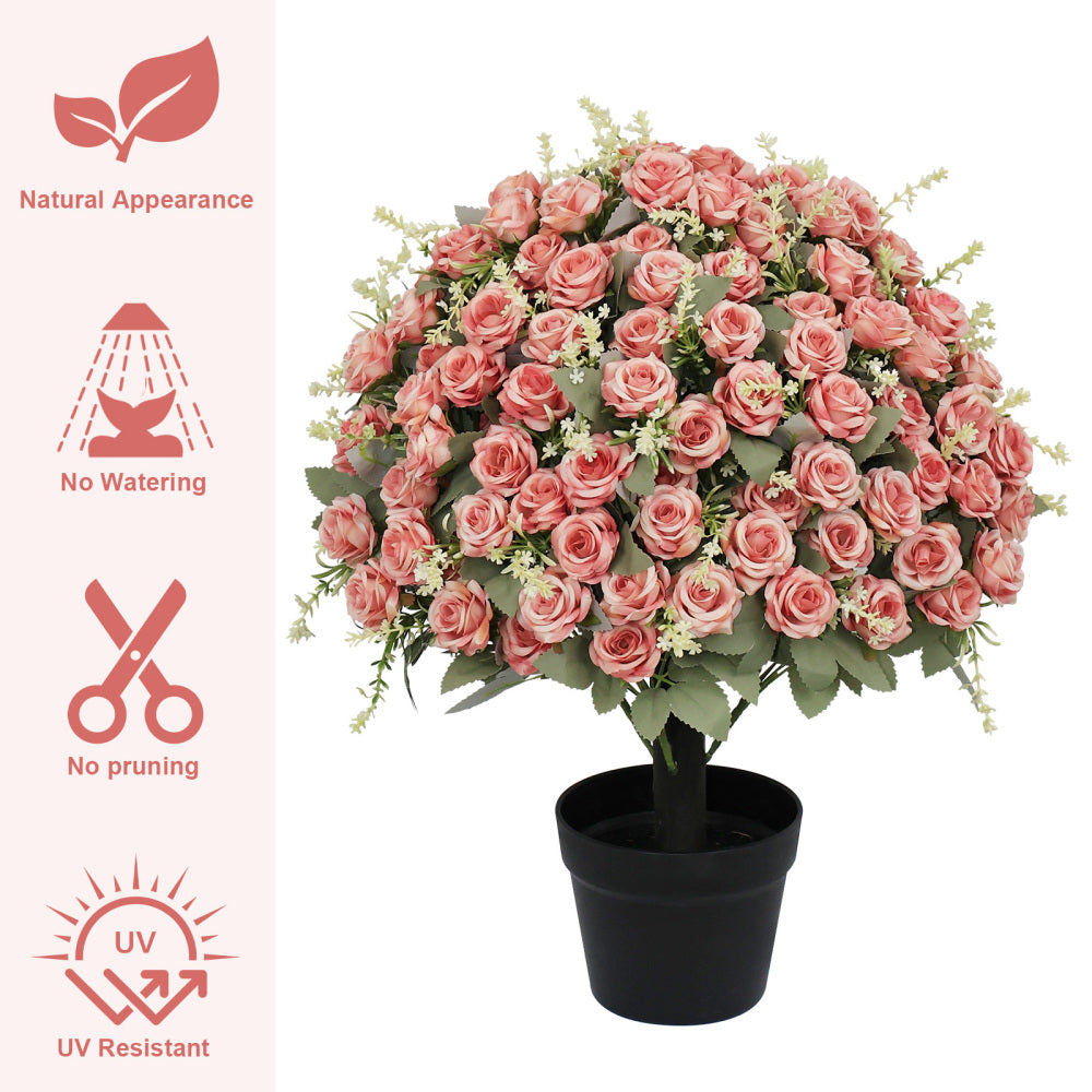 24-Inch Artificial Rose Decoration, UV Resistant Lifelike Faux Floral Plant for Indoor & Outdoor Decor, 2 Pots per Set (Pink)
