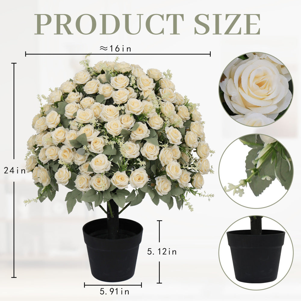 24-Inch Artificial Rose Decoration, UV Resistant Lifelike Faux Floral Plant, Set of 2 Pots, White & Green, Plastic Material, Suitable for Indoor & Outdoor Decor, Pre-Assembled with Concrete Pot