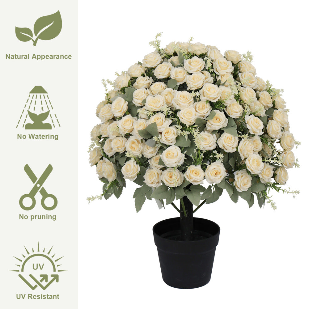 24-Inch Artificial Rose Decoration, UV Resistant Lifelike Faux Floral Plant, Set of 2 Pots, White & Green, Plastic Material, Suitable for Indoor & Outdoor Decor, Pre-Assembled with Concrete Pot